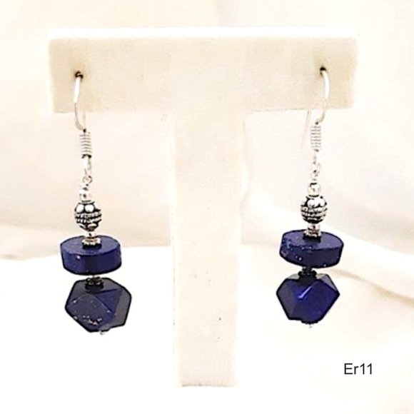 Lapis Lazuli Earrings 925 Silver Wire Pierced Ears - Picture 1 of 8